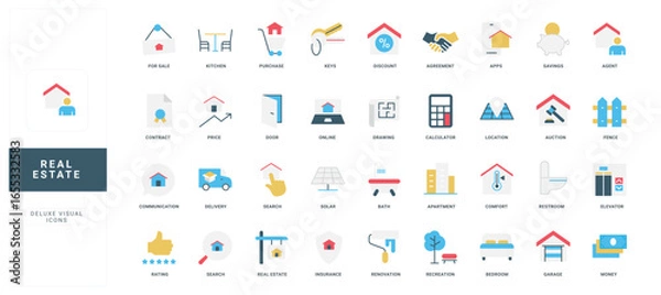 Fototapeta Modern flat style real estate icons set featuring property, finance, home, and service concepts with clear titles for business, investment, and housing topics isolated vector illustration