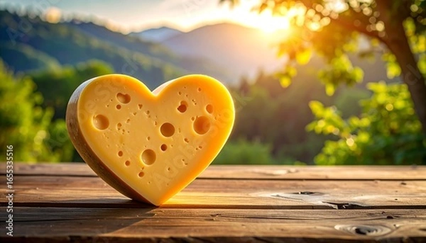 Fototapeta Heart-shaped cheese on a rustic wooden table against a sunset mountain backdrop