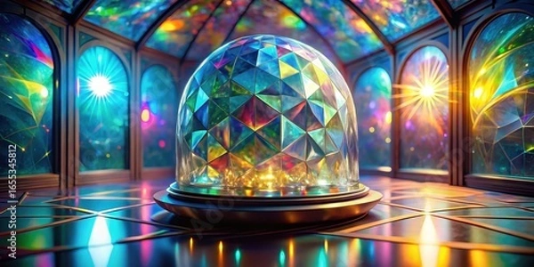 Fototapeta A luminous geodesic dome rests on a reflective surface within a vibrant stained-glass pavilion