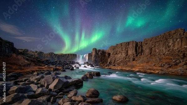 Fototapeta Celestial Symphony: Witness the awe-inspiring dance of the Aurora Borealis above a cascading waterfall, set against a backdrop of rugged cliffs and a flowing river.