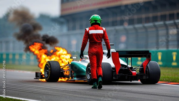 Fototapeta Racer in red uniform walking away from burning Formula 1 car on track