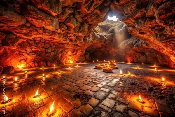 Fototapeta Ancient Cave Sanctuary Illuminated by Glowing Candles on a Stone Floor, Bathed in a Mystical Light