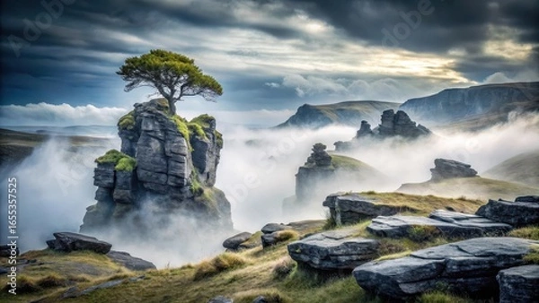 Fototapeta A solitary tree stands atop a misty mountain peak, surrounded by dramatic rock formations and a breathtaking valley shrouded in fog.