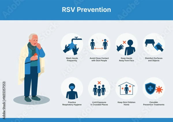 Fototapeta RSV prevention infographic showing steps to reduce respiratory syncytial virus transmission, medical graphic for healthcare awareness and public health campaigns. Flat vector illustration
