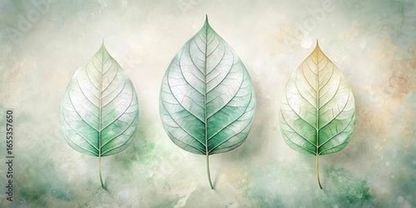 Fototapeta Serene Still Life Featuring Three Delicate Leaves with Intricate Vein Detail on a Textured Background