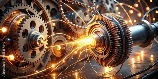 Fototapeta Intricate Gear System with Sparks and Glowing Connections A Detailed View of Precision Engineering