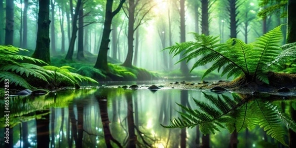 Fototapeta Serene forest stream reflecting lush ferns and sunlit trees in a mystical morning atmosphere