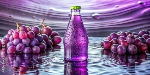 Fototapeta Refreshing Purple Grape Beverage in a Bottle with Water Droplets and Grapes