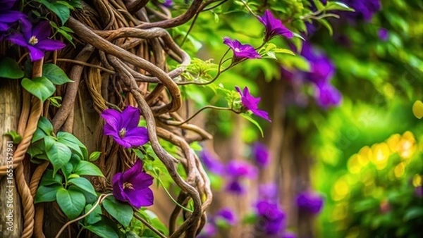 Fototapeta Intricate woody vines intertwine with vibrant purple blossoms, creating a breathtaking natural tapestry of flourishing life and organic beauty.