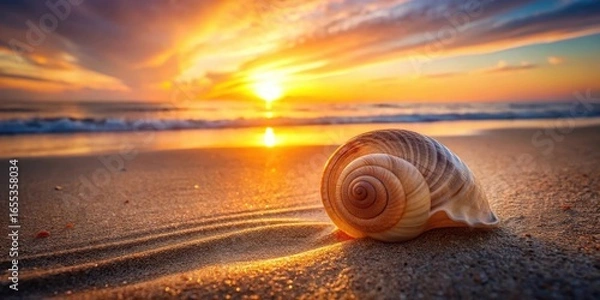 Fototapeta Seashell on Sandy Beach at Sunset A Golden Hour Coastal Scene with Ocean Waves