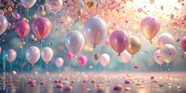 Fototapeta A whimsical celebration featuring pastel balloons and confetti, creating a joyous and festive atmosphere