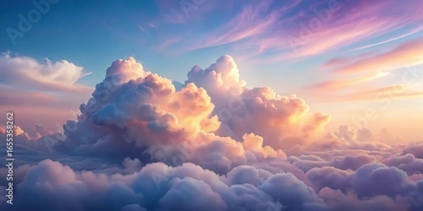 Fototapeta A breathtaking panorama of fluffy clouds illuminated by the warm hues of a sunset, creating a majestic and serene celestial landscape.