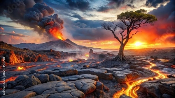 Fototapeta Fiery Sunset Over Volcanic Landscape A Solitary Tree Stands Witness to Molten Rivers of Lava Flowing from an Erupting Volcano