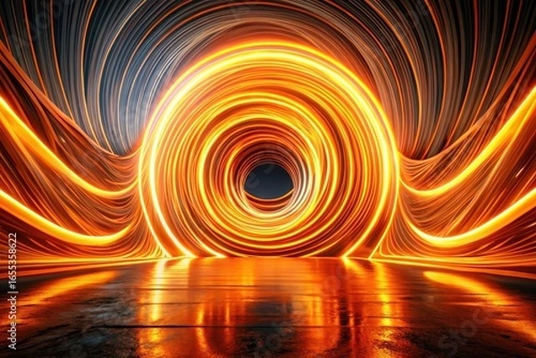 Fototapeta Abstract Fiery Vortex Tunnel  Glowing Circular Lights and Dynamic Swirling Energy in a Dark Reflective Space