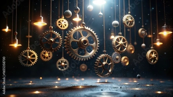 Fototapeta Intricate Golden Gears and Illuminating Lights Suspended in Mysterious Darkness