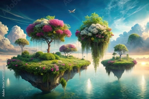 Fototapeta Serene Floating Islands with Lush Vegetation and Blooming Trees in a Dreamlike Seascape