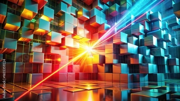 Fototapeta Abstract Metallic Cubes Illuminated by Dynamic Beams of Light Reflecting on Polished Surfaces