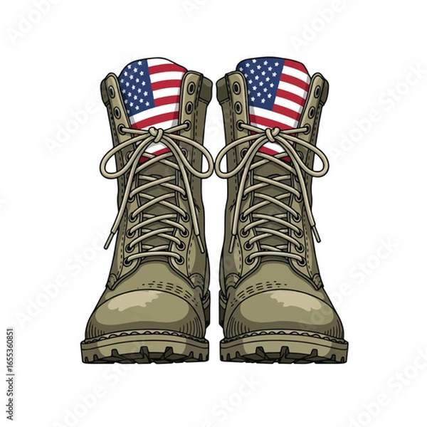 Obraz A pair of olive green military boots with American flags tucked inside.