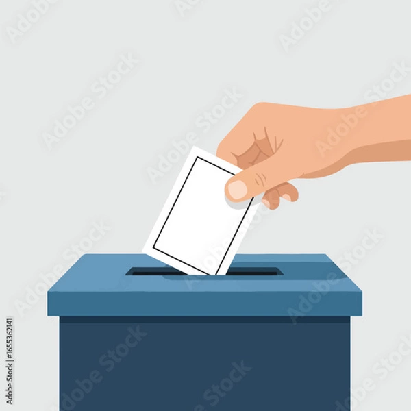 Obraz A hand is casting a blank ballot into a blue voting box during an election.