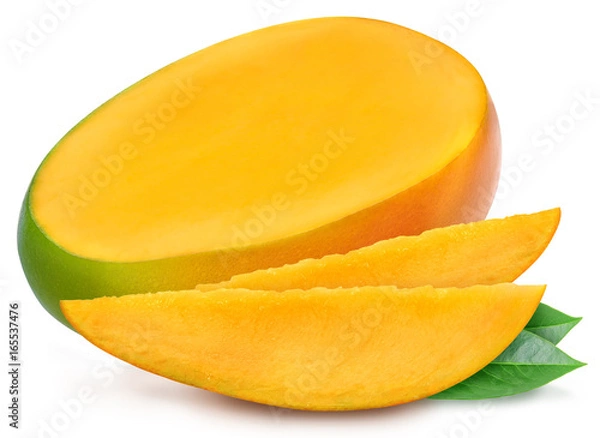 Fototapeta Juicy fresh mango with two slices and leaves isolated on a white background. Ripe tropical fruit with antioxidant effect.