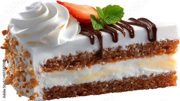 Obraz A rich slice of delicious chocolate cake topped with cream and a cherry, served on a white plate