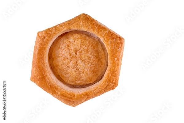 Fototapeta Golden brown puff pastry vol-au-vent with round filling, viewed from top on white background. Flaky texture and elegant shape make it ideal for gourmet, bakery, and culinary design use.