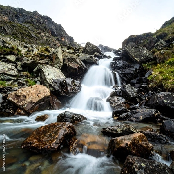 Fototapeta Mountain waterfall cascading down rocks