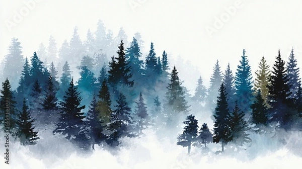 Obraz Majestic Alpine Trees in Enchanting Forest Watercolor Illustration