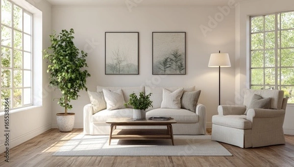 Fototapeta Bright, airy living room with light beige sofa, armchair, and wooden coffee table.  Two framed prints hang above the couch. A potted plant adds greenery. Sunlight streams through large windows