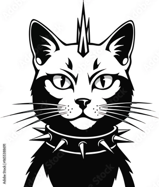 Fototapeta A stylized black and white illustration of a cat with a punk rock mohawk and spiked collar, conveying a rebellious and edgy aesthetic.