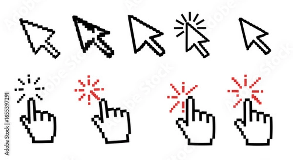 Fototapeta Pixelated Cursors and Hand Icons: A Set of Click and Pointing Symbols for UI
