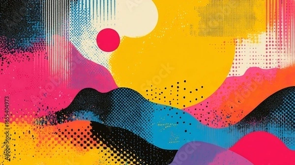 Fototapeta Vibrant abstract landscape with retro halftone and spray paint textures