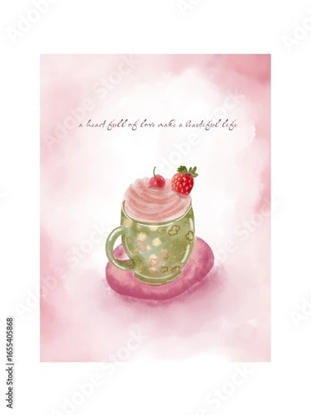 Obraz Coffe milk cream with cherry and strawberry on top
Wall art and quotes
Wall decoration 
Drink illustration 