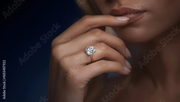 Obraz Close-up view of a woman's hand showcasing a diamond engagement ring, touching her lips.