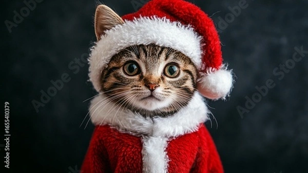 Fototapeta A tabby kitten wearing a Santa hat and suit