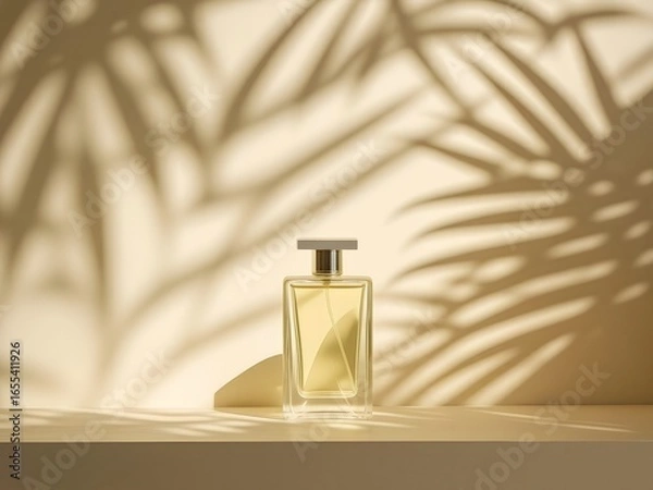 Fototapeta Elegant perfume bottle casting palm shadows, a sophisticated fragrance for a luxurious lifestyle