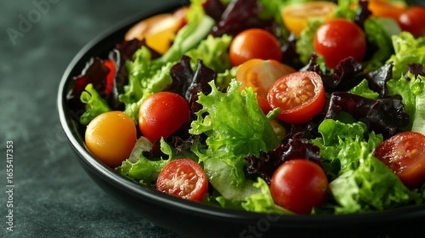 Fototapeta Fresh salad with mixed colorful cherry tomatoes, lettuce and cucumber in dark bowl
