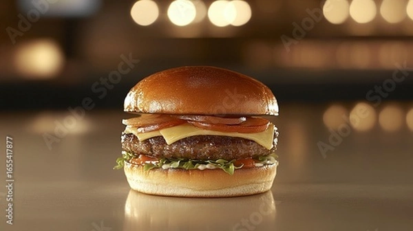 Fototapeta Gourmet hamburger on a light surface, with a blurred restaurant background