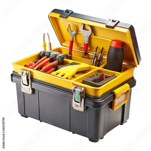 Obraz Yellow and black toolbox with various tools inside open lid