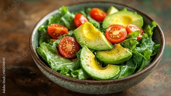 Fototapeta Healthy salad with avocado, tomatoes, and greens in a bowl