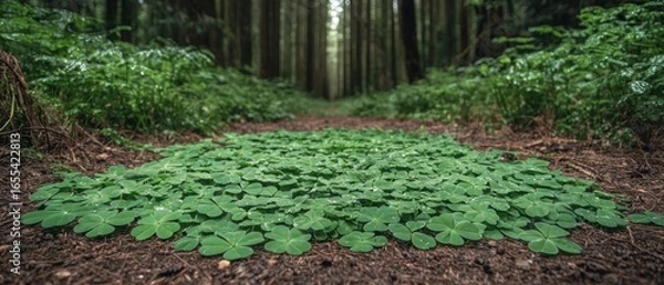 Fototapeta Lush clover patch in a tranquil redwood forest.