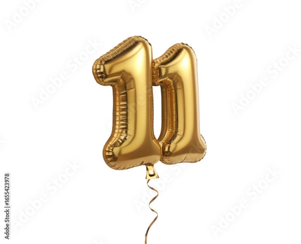 Fototapeta Shiny Gold Foil Number Eleven Balloon for Celebratory Occasions on a Transparent Background