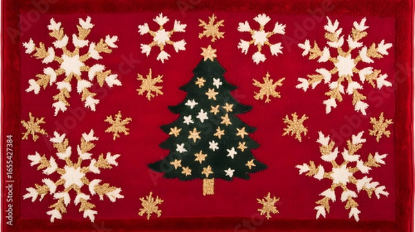 Obraz Red Christmas stocking ornament with snowflake and tree design hanging on a decorated tree