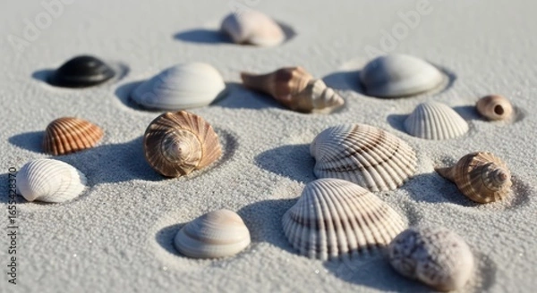 Fototapeta Various Seashells on White Sand, Displaying Natural Beauty and Textural Details
