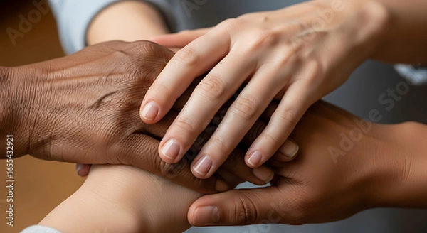 Fototapeta A diverse group of hands stacked together showing unity and support from different ethnicities and backgrounds