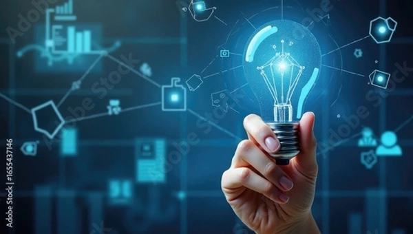 Fototapeta Hand holding a lightbulb with digital network graphic overlay.