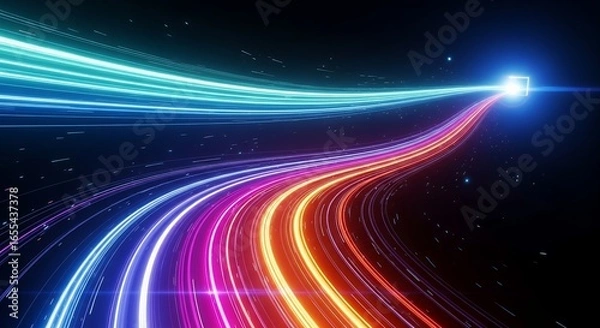 Fototapeta Colorful neon light trails forming abstract curved lines on dark background, symbolizing speed, data flow, and futuristic technology. Perfect for digital design, sci-fi, and innovation themes.