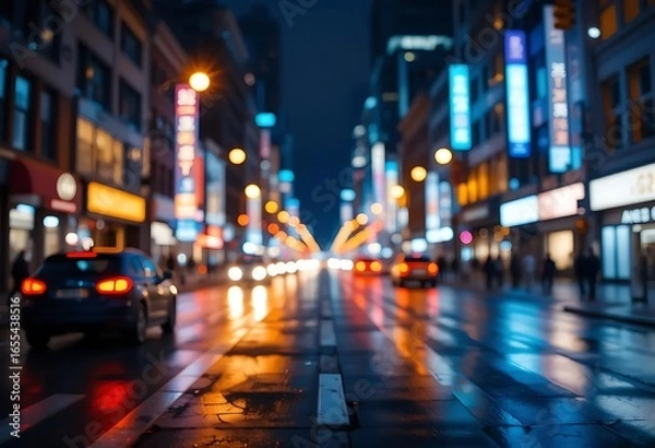 Fototapeta Abstract blurred view of a busy city street at night with neon lights