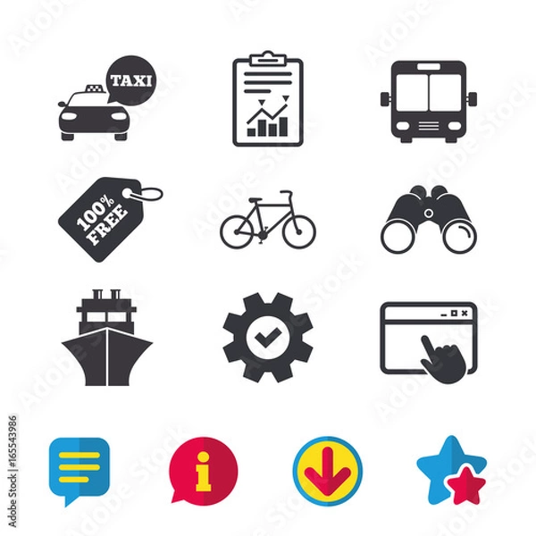 Fototapeta Transport icons. Taxi car, Bicycle, Public bus and Ship signs. Shipping delivery symbol. Speech bubble sign. Browser window, Report and Service signs. Binoculars, Information and Download icons