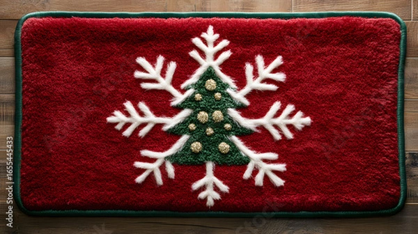 Fototapeta Red Christmas stocking ornament with snowflake and tree design hanging on a decorated tree